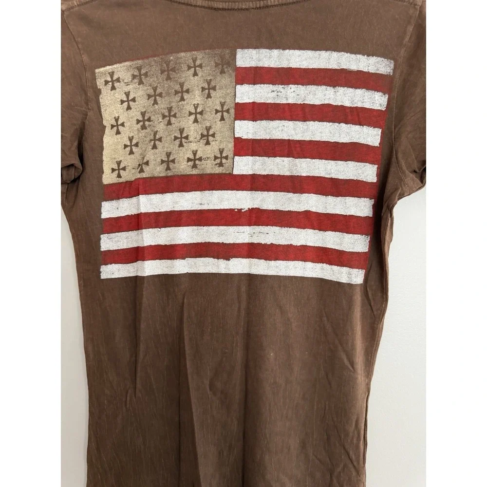 Y2K Affliction American Customs Motorcycle Distressed Shirt Brown Women's Size S